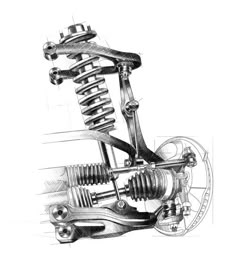 a drawing of a motorcycle engine with springs attached to the front wheel and suspensions