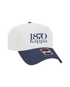 a white and blue hat with the words 1970 kappa printed in navy on it