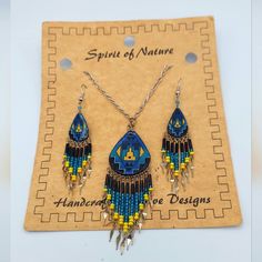 Spirit Of Nature Peruvian Beaded Necklace Earrings Set Blue Yellow Cowgirl, Southwest, Western Wear, Bohemian, Boho, Eclectic, Vintage, Gypsy, Hippy, Ranch Wear, Ranch, Fashion, Art, Boho Style, Style, Boho Chic, Shop Small, Native American Style, Regalia, Powwow, Handmade Jewelry, Ethnic Style, Turquoise Jewelry, Turquoise, Blue Handmade Blue Beaded Necklaces With Teardrop Shape, Handmade Blue Teardrop Beaded Necklaces, Handmade Blue Beaded Teardrop Necklace, Handmade Blue Teardrop Beaded Necklace, Artisan Blue Beaded Earrings As Gift, Blue Artisan Jewelry With Colorful Beads, Artisan Blue Jewelry With Colorful Beads, Blue Teardrop Jewelry With Colorful Beads, Traditional Blue Beaded Earrings As Gift