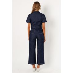 Introducing the perfect addition to your casual wardrobe: our Denim Jumpsuit! With its V-neckline, collared neckline and short sleeves with rolled cuffs, this jumpsuit is sure to become your new go-to. Shipt Shopper, Denim Jumpsuit, Contrast Stitch, Dark Denim, Casual Wardrobe, Waist Tie, Online Purchase, Fabric Care, Fitness Fashion