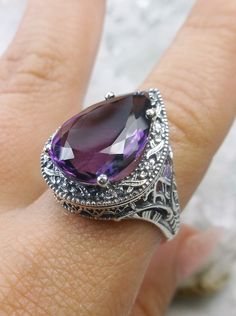 Natural Amethyst Ring/ Solid Sterling Silver/ 8.37ct Teardrop - Etsy Victorian Art Deco, Mystic Fire Topaz, Gemstone Art, Purple Amethyst Ring, Order Design, Teardrop Ring, Amethyst Gem, Vibrant Purple, Purple Band