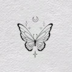 a black and white drawing of a butterfly with stars on it's back side