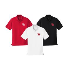 Short sleeve performance polo embroidered with choice of University of Houston Cougars logo. Black, Graphite, Grey, Red or White. Runs big. Check out measurement chart in the alternate photos.Moisture-wicking Dry Zone polo-now with UV protection. 4.5-ounce, 100% polyester double knit pique UPF 30 Tag-free label Flat knit collar 3-button placket with pearlized, dyed-to-match buttons Open hem sleeves Side vent Officially Licensed Product Available in Small-6XL. Contact us for ladies sizes or 4XL, Team Spirit Cotton Polo Shirt In Team Colors, Team-colored Cotton Polo Shirt With Team Spirit Style, Fitted Embroidered Short Sleeve Polo Shirt, Cotton Short Sleeve Polo Shirt For College, Collegiate Cotton Short Sleeve Polo Shirt, Collegiate Cotton Polo Shirt With Short Sleeves, Black Custom Embroidered Tops For College, Black Custom Embroidery Tops For College, Black Tops With Custom Embroidery For College