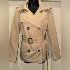 Forever 21 Tan Khaki Double Breasted Coat Jacket With Removable Belt. Size Medium Shell - Cotton And Polyester Lined / Extra Buttons Included / See Last Picture For Small Stain Casual Outerwear From Forever 21, Casual Work Outerwear From Forever 21, Fitted Spring Outerwear By Forever 21, Casual Forever 21 Outerwear For Work, Forever 21 Button-up Outerwear, Forever 21 Spring Outerwear For Work, Chic Workwear Outerwear From Forever 21, Fitted Forever 21 Outerwear With Pockets, Trendy Workwear Outerwear From Forever 21