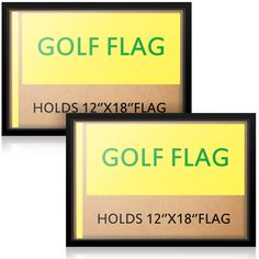 two framed golf flags are shown with the words golf flag below it and below them