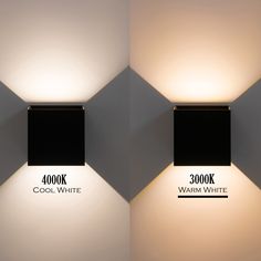 two different views of the same wall light in an empty room with white walls and black squares