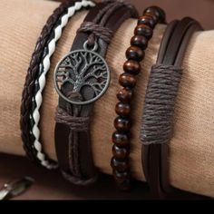 Men's 4pc Adjustable Brown Leather Beaded Bracelet Set. New With Tags. If You Have Any Questions, Ask In The Comment Section Below Thank You For Shopping @Katepro1 Offers, And Bundling Is Appreciated Leather Bracelets For Men, Wrap Armband, Bracelet Viking, Rock Vintage, Life Tree, Wood Bead Bracelet, Leather Wristbands, Braided Leather Bracelet, Mens Leather Bracelet