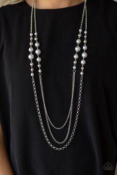 Two strands of oversized silver pearls and shiny silver beads give way to layers of mismatched silver chains down the chest for a colorfully refined flair. Features an adjustable clasp closure. Sold as one individual necklace. Includes one pair of matching earrings. Silver Pearl Beaded Necklaces, Casual Silver Necklace For Party, Silver Necklace Set, Silver Pearl Necklace, Silver Bead Necklace, Silver Chains, Long Chain Necklace, Paparazzi Jewelry, Shiny Silver