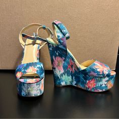 Nwot Guess Taraji Watercolor Floral Wedge Sandal Size 7.5 Textile And Synthetic Upper Adjustable Buckle Closure Open Round Toe Blue Summer Style Wedge Sandals, Blue Ankle Strap Wedge Sandals For Spring, Blue Summer Platform Wedge Sandals, Chic Multicolor Wedge Sandals For Spring, Multicolor High Heel Wedge Sandals For Summer, Summer Wedge Sandals, Multicolor High Heel, Blue High Heel Wedge Sandals For Summer, Blue Wedge Sandals For Summer Party, Summer Multicolor Wedge Heels