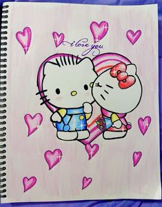 a drawing of a hello kitty holding a teddy bear with hearts around her and the words i love you written on it