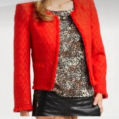 Short Orange Wool Jacket With Internal Metal Snaps To Close With Gentle Use In Very Good Condition Long Sleeve Tweed Jacket, Tweed Texture, Red Blazer, Men's Apparel, Wool Jacket, Alice Olivia, Red Leather Jacket, Blazer Jacket, Second Hand