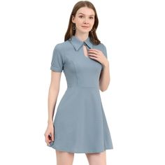 Get an extra casual vibe in this mini dress featuring a turn-down collar, keyhole, and A-line. Keyhole and turndown collar add a little romance to this A-line mini dress, cranking up the elegant factor. This mini dress is created in a soft fabric making it the perfect smart day dress. Pair with a stylish handbag and chic high heels perfectly for a stylish impression. Spring Mini Dress With Collared Neckline, Fitted Collared Mini Dress For Semi-formal Occasions, Collared Mini Dress For Semi-formal Events, Collared Mini Dress For Semi-formal Occasions, Blue Collared Mini Dress For Work, Smart Day Dresses, Elegant Work Dress, Fit And Flare Mini Dress, Chic High Heels