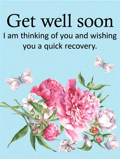 a blue card with pink flowers and butterflies on it, says get well soon i am thinking