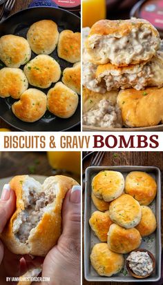 Four images of biscuits and gravy bombs.  One, overhead shows the bombs in a skillet, one from the side, with the bombs stacked, the top two are cut open, one from the side shows a hand breaking the bomb in half, and one overhead shows the bombs in a serving platter with a side of extra sausage gravy. Biscuits And Gravy Burrito, Seasoned Biscuits, Stuffed Biscuits Breakfast, Yummy Breakfast Ideas Easy, Cool Breakfast Ideas, Breakfast Biscuits And Gravy, Easy Kids Breakfast Ideas, Sausage Gravy Stuffed Biscuits, On The Go Breakfast Ideas