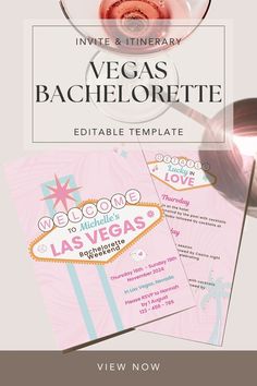 the vegas bachelor party flyer is shown with wine glasses and an image of las vegas