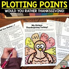 a person holding a pen and looking at some thanksgiving themed worksheets on a table