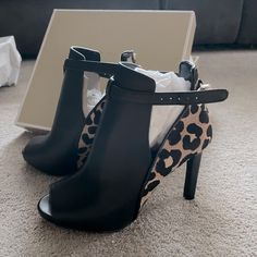 New In A Box Michael Kors Lawson Leather Leopard Print Calf Hair Peep Toe Shooties Size 6.5 Leopard Print Open Toe Leather Heels, Michael Kors Black Open Toe Heels, Calf Hair, Michael Kors Shoes, Michael Kors Black, In A Box, A Box, Shoes Women Heels, Black And Brown