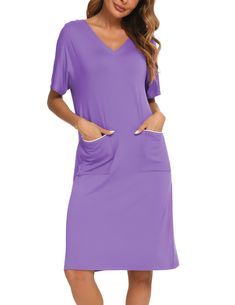 PRICES MAY VARY. Material: Made of 95% Viscose, 5% Spandex. Soft cozy, lightweight and flexible. Suitable for a relaxed home life Features: Loose and comfy v-neck short sleeve, high stretch satin trim pockets. This pajama dress is not only breathable, but also soft and silky. Perfect for day relaxing, lounging sleep or home bedroom. Style:Classic mid-length design, perfect to keep cool. Decorated with two forged edge pockets, simple yet elegant. The well-made high-quality nightgowns are suitable Stretch V-neck Sleepwear, Spring Sleepwear With Pockets For Bedtime, Spring Sleepwear With Pockets, Comfortable Solid Sleepwear With Pockets, Comfortable Solid Color Sleepwear With Pockets, Relaxed Fit V-neck Sleepwear, Spring Sleepwear Short Sleeve Stretch, Spring Sleepwear With Stretch And Short Sleeves, Spring V-neck Sleepwear For Relaxation