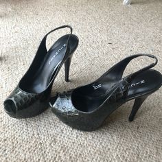 Beautiful Olive And Grey Tones With “Snake Skin” Type Texture Never Worn! Did Not Come With A Box Party Heels With Crocodile Pattern And Open Toe, Party Crocodile Pattern Open Toe Heels, Michael Shannon, Sling Back Heels, Grey Tones, Shoes Brand, Sling Back, Skin Type, Shoe Brands