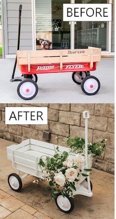 the before and after photos of a wagon with flowers in it