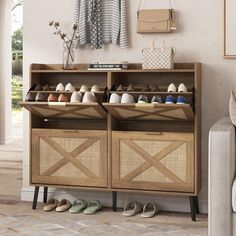 a wooden cabinet with baskets and shoes on it