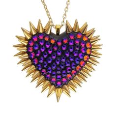 Classic Spiked & Paved Heart Necklace in Volcano Multicolor Party Necklaces For Valentine's Day, Multicolor Heart Pendant Jewelry For Parties, Multicolor Heart Charm Necklace For Party, Crimson Red, Crystal Chain, Golden Yellow, Shades Of Purple, Volcano, A Heart