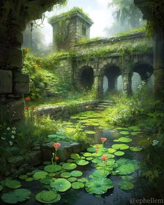 a painting of an old building surrounded by water lilies