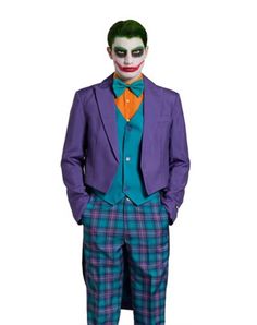 Dress like the chilling Joker in this classic suit! This classic suit includes a purple tailcoat, plaid dress pants, a teal vest with purple buttons, and a teal tie. You'll feel just like the supervillain in this authentic costume. Officially licensed Includes: Jacket Pants Vest Tie Button closure Material: Polyester Care: Machine wash cold Imported Note: Shirt sold separately Purple Long Sleeve Costume For Costume Party, Fitted Suit For Fall Costume Party, Fitted Suit For Costume Party In Fall, Purple Fitted Outerwear For Costume Party, Fitted Purple Costume, Purple Tailcoat, Tailcoat Suit, Teal Vest, Authentic Costumes