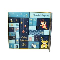 a blue and gold christmas themed wooden calendar with numbers, animals, and other decorations