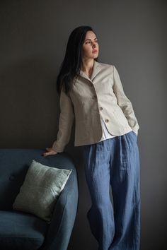 "This classic linen jacket is tailored from the highest quality soft-washed linen. Slightly fitted is perfect for effortless layering.  Can be paired with different pieces of clothing from mini dress to jeans to get the elegant or semi-casual look. Details and care: No lining Front buttons closure Classic lapels Long sleeves Front patch pockets 100% washed Lithuanian linen Dry clean or gentle hand wash. SIZE CHART:  XS-4 US/ 6UK/ 36 EU: Bust 33\" (84 cm) , Waist 25\" (63,5 cm), Hips 36\" (92 cm)  S-6 US/ 8UK/ 38 EU: Bust 35\" (88 cm) , Waist 26,5\" (67,5 cm), Hips 38\" (96 cm) M-8 US/ 10UK/ 40 EU: Bust 36\" (92 cm), Waist 28\" (72 cm), Hips 39\"(100 cm) L-10 US/ 12UK/ 42 EU: Bust 38,4 \" (96 cm) , Waist 30,4\" (76 cm), Hips 41,6\" (104 cm) The model is 1,74 cm (69.6 inches) in height and i Classic Linen Blazer For Office, Classic Linen Office Blazer, Classic Linen Blazer With Pockets, Linen Notch Lapel Blazer With Pockets, Linen Blazer With Notch Lapel And Pockets, Classic Linen Workwear Blazer, Single Button Linen Blazer For Business Casual, Classic Relaxed Fit Everyday Blazer, Classic Relaxed Fit Blazer For Everyday