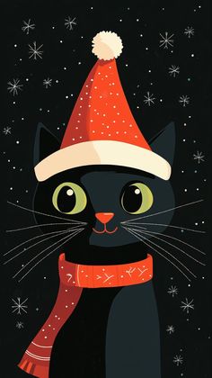 a black cat wearing a santa hat and scarf with snowflakes on the background