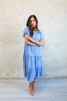 Serena modest midi dress in light blue-NEW – JanieLanie Blue Modest Flowy Midi Dress, Blue Flowy Modest Midi Dress, Modest Blue Flowy Midi Dress, Blue Flowy Midi Dress Modest Style, Blue Ruffled Tiered Midi Dress, Flowy Light Blue Midi Dress With Ruffles, Casual Light Blue Maxi Dress With Ruffles, Modest Flowy Tiered Dress, Casual Blue Tiered Dress