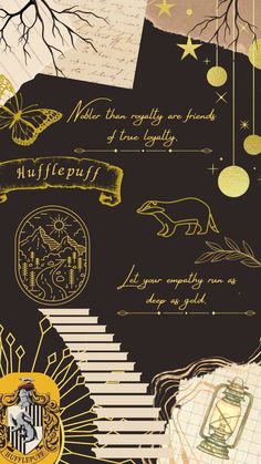 a collage of harry potter's crests and other things in gold on black paper