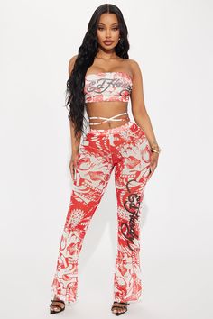 Available In Red. Pant Set Tube Top Strapless Tie Waist Detail "Ed Hardy" Verbiage On Top And Bottoms Flare Leg Pant Disclaimer: Print Placement May Vary. Top: Shell: 95% Polyester 5% Spandex Lining: 100% Polyester Pants: 95% Polyester 5% Spandex Imported | Ed Hardy Amor Mesh Pant Set in Red size XL by Fashion Nova Mesh Pants, Top Strapless, Service Women, Polyester Pants, Flare Leg Pants, Print Placement, Ed Hardy, Pant Set, Matching Dresses