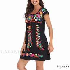 Lasaky - Embroidered Midi Dress Casual Cotton Dresses With Geometric Embroidery, Casual Dress With Multicolor Embroidered Hem, Casual Summer Dress With Geometric Embroidery, Casual Dress With Multicolor Embroidery And Embroidered Hem, Black Dress With Embroidered Hem For Vacation, Black Folk Style Summer Dress, Black Dress With Geometric Embroidery For Spring, Embroidered Short Sleeve Mini Dress For Vacation, Short Sleeve Embroidered Dress With Geometric Embroidery