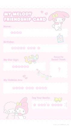 a pink hello kitty birthday card with the words my melody and friends in white lettering