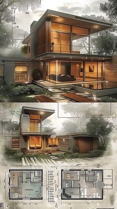 three different views of a house in the woods