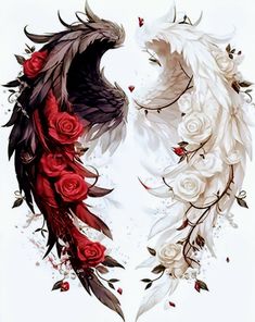 two white and black feathers with red roses on them, one is facing each other