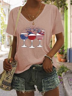 Blue & White Wine Of American Flag To Celebrate the 4th July 2022 Short Sleeve Casual Graphic T-shirt Summer V-neck T-shirt With American Flag Print, Patriotic V-neck Summer Tops, American Flag Print V-neck Tops For Summer, Summer V-neck Tops With American Flag Print, V-neck Tops With American Flag Print For Summer, Women's Graphic Tees, July 2022, 4th July, Womens Glasses