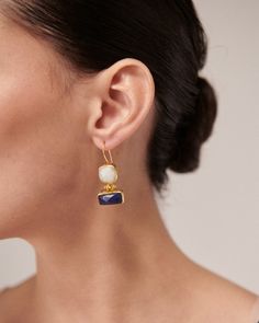 Complete your look with the Nerissa Lapis and Moonstone Drop Earrings, lovingly handcrafted in our Istanbul workshops from 21ct gold-plated recycled brass with gold-plated sterling silver ear posts and hand set with semi-precious Lapis Lazuli and Moonstone, bringing an element of understated gemstone shine to any look. These earrings are handmade from 21ct gold plated recycled brass. Please take your jewellery off when washing your hands and using any skincare products and cosmetics. Please store your jewellery safely in a box provided. Moonstone Drop Earrings, Moonstone Pendant Necklace, Forever Jewelry, Ring Watch, Jewelry Ring Box, Moonstone Pendant, Recycled Sterling Silver, Watch Necklace, Gifts For Mum