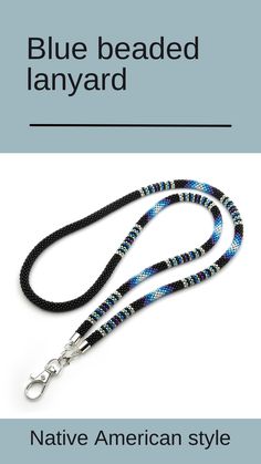 Black blue beaded lanyard for badge Blue Lanyard With Key Leash For Personal Use, Adjustable Black Lanyards For Personal Use, Everyday Black Beaded Jewelry, Black Beaded Adjustable Lanyards, Black Lanyard With Key Leash For Personal Use, Black Lanyard With Lobster Clasp As Gift, Black Beaded Lanyard As Gift, Black Beaded Lanyards As Gift, Black Beaded Lanyards For Gift