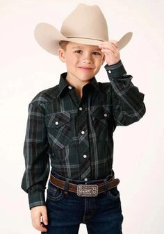 Roper Western Woods (Green) - Boy's Western Shirt - Hatcountry Fitted Western Plaid Tops, Fitted Plaid Western Tops, Western Style Shirt, Western Shirt, Plaid Design, Boys Long Sleeve, Western Shirts, Western Style, Shades Of Green