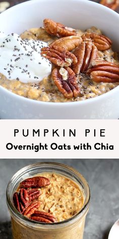 pumpkin pie overnight oats with chia seeds and pecans in a white bowl