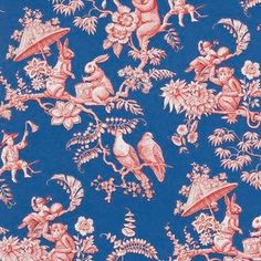 a blue and pink wallpaper with various animals on it