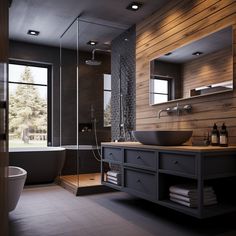 a bathroom with a tub, sink and large window