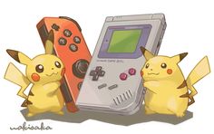 three pikachu standing next to an old nintendo gameboy