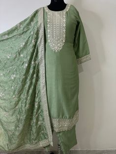 Indian Wedding Wear Salwar Kameez / Indian Ethnic Dress / Plus Size Silk Kurta Dress Traditional Indian Wear / Salwar Kameez Dupatta / Kurti Palazzo Set / Party Wear/ Silk Kurta Set ITEMS DETAILS:- Green Embroidered design Kurta with Trouser and Dupatta Kurta design: * Thread Work  * Straight shape * Regular style * Round Neck  * Three-quarter regular sleeves * Calf length with straight hem * Silk blend woven fabric Palazzos design:  * Solid Trousers * Partially elasticated waistband * Slip-on c Festive Semi-stitched Straight Kurta Salwar Kameez, Long Semi-stitched Embroidered Salwar Kameez, Pista Green Semi-stitched Suit For Diwali, Navratri Embroidered Straight Kurta Dress, Fitted Sharara With Resham Embroidery For Transitional Season, Fitted Green Dola Silk Anarkali Set, Fitted Chinon Traditional Wear With Long Sleeves, Fitted Green Dola Silk Sets, Semi-stitched Embroidered Green Kurta