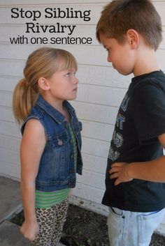 two young children standing next to each other in front of a white wall with the words stop sibling rivaly with one sentence