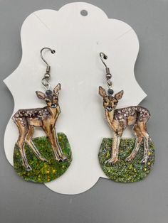 Handpainted watercolor Fawn earrings. Each piece is signed and dated by me, the artist! Watercolor painting on 300lb watercolor paper, sealed with acrylic gloss sealer and surgical steel fittings. Whimsical Green Hand Painted Earrings, Green Hand Painted Artistic Earrings, Whimsical Hand Painted Resin Earrings, Hand Painted Resin Earrings In Whimsical Style, Hand Painted Resin Earrings In Artsy Style, Hand Painted Resin Earrings, Artist Watercolor Painting, Artist Watercolor, Animal Jewelry