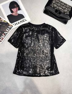 Size: XS, S, M, L, XL, XXL, XXXL It comes with Dust box, Care manual, Tag, and Paper bag.Size Guide: Casual Black Sequined T-shirt, Black Crew Neck Top With Sequins, Black Sequined Crew Neck Top, Chic Short Sleeve Tops For Party Season, Black Stretch T-shirt For Party, Black Short Sleeve Tops For Party Season, Black Summer Party T-shirt, Black Sequined T-shirt For Party, Black Crew Neck T-shirt For Party Season